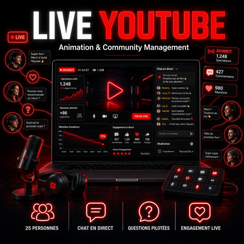 Animation de Live & Community Management YouTube avec engagement utilisateur réel (25 personnes)