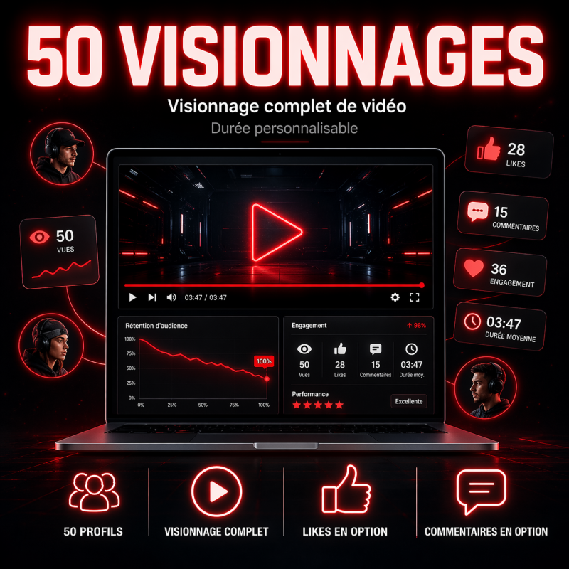 50 Visionnage complet de vidéo YouTube avec engagement réel (durée personnalisable)
