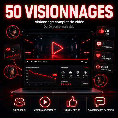 50 Visionnage complet de vidéo YouTube avec engagement réel (durée personnalisable)